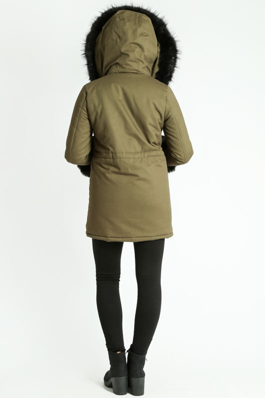 Khaki Padded Parka With Black Faux Fur