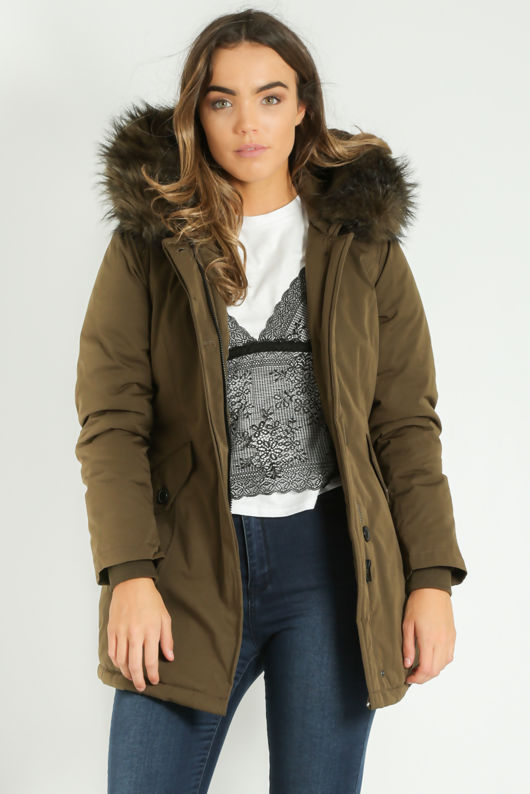 Khaki Faux Fur Trim Parka