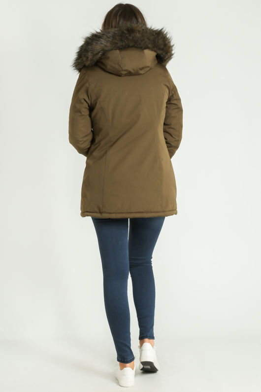 Khaki Faux Fur Trim Parka