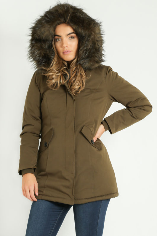 Khaki Faux Fur Trim Parka