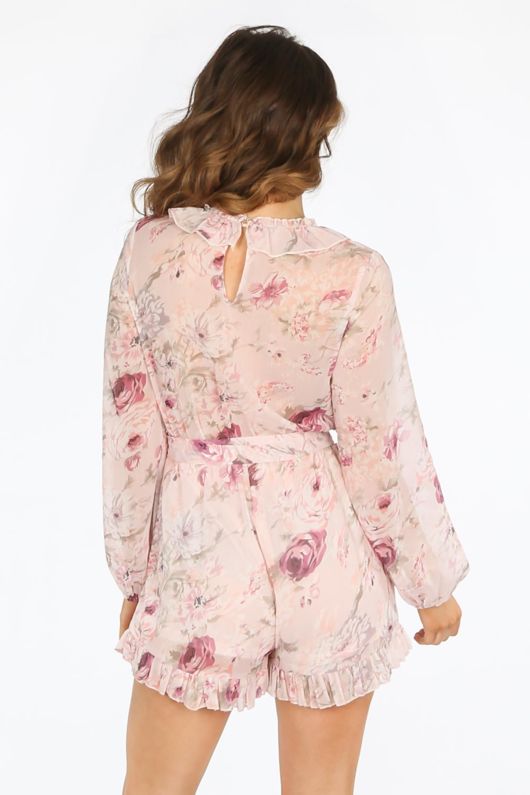 Pink Long Sleeve Chiffon Floral Playsuit