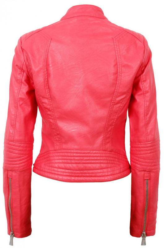 Candy Pink Paded Shoulder PVC Biker Jacket 
