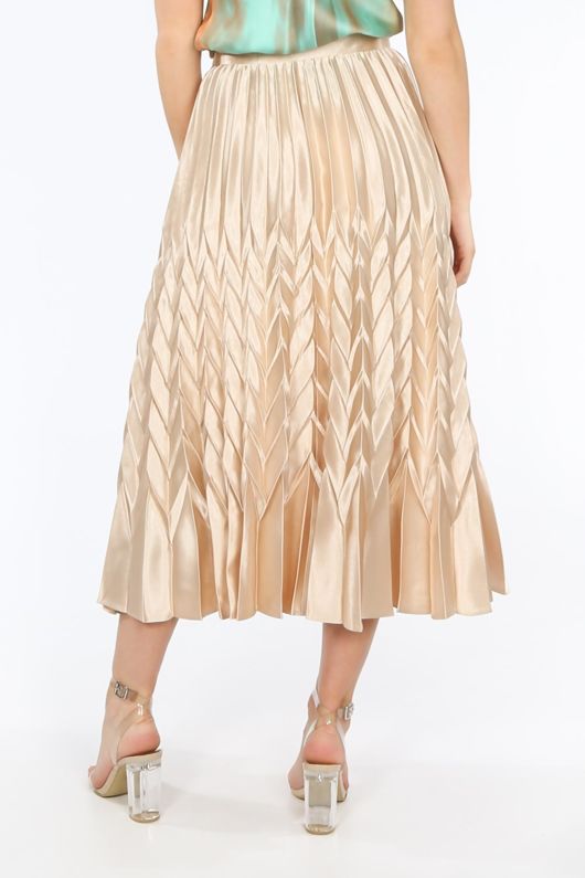 Beige Satin Chevron Pleated Maxi Skirt