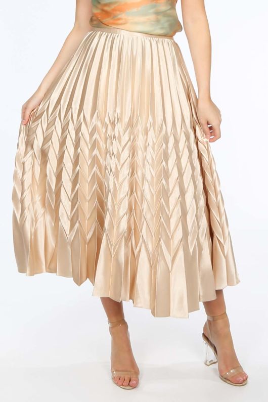 Beige Satin Chevron Pleated Maxi Skirt