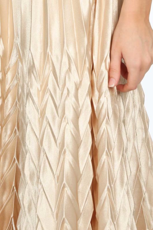 Beige Satin Chevron Pleated Maxi Skirt