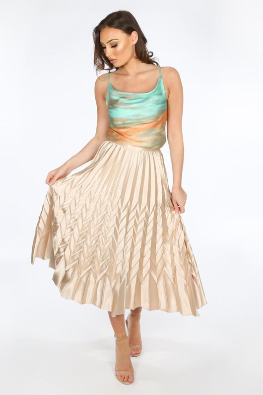 Beige Satin Chevron Pleated Maxi Skirt