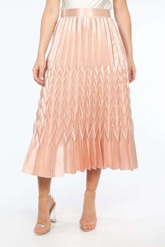 Pink Satin Chevron Pleated Maxi Skirt