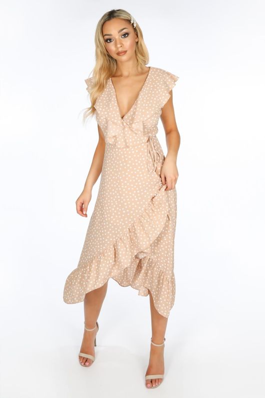 Polka Dot Sleeveless Midi Wrap Dress in Nude 
