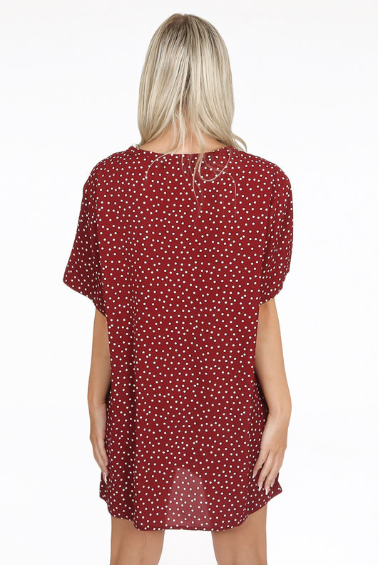 Burgundy Polka Dots Half Sleeves Shift Dress