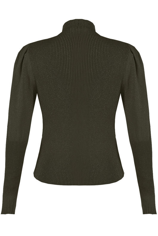 Khaki Puffed Sleeves Ribbed Mock Neck Jumper