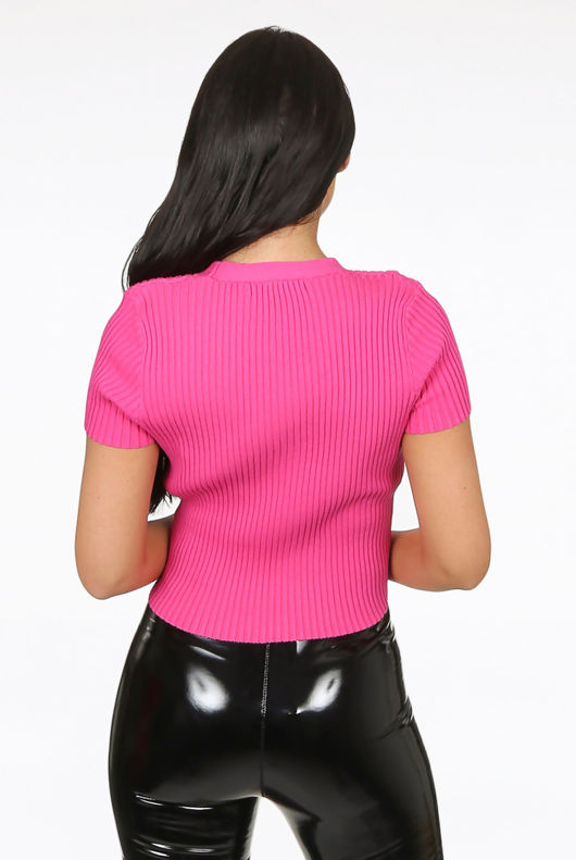 Fuchsia Front Button Up Ribbed Tops
