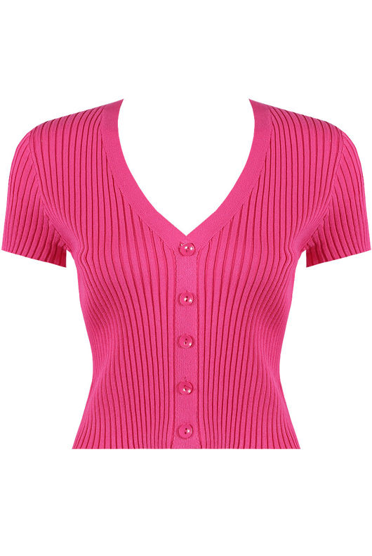 Fuchsia Front Button Up Ribbed Tops