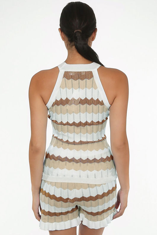 Beige Wavy Golden Button Trim Knitted Top & Shorts Set