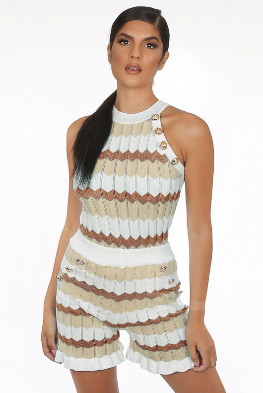 Beige Wavy Golden Button Trim Knitted Top & Shorts Set