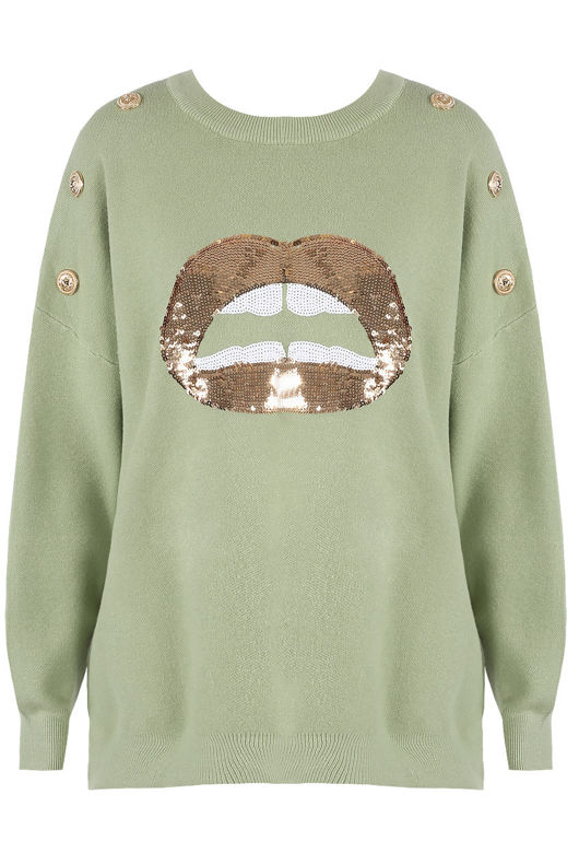 Green Sequin Lip With Golden Button Trim Knitted Jumper