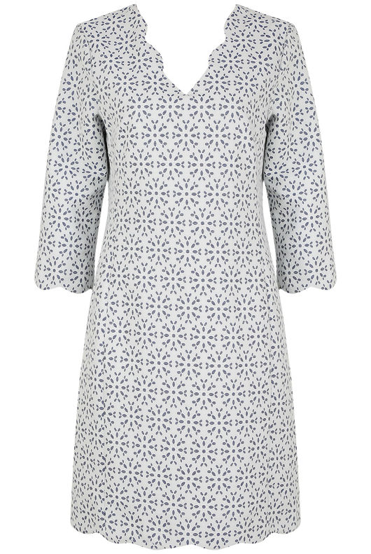 White Scallop Embossed Print Shift Dress