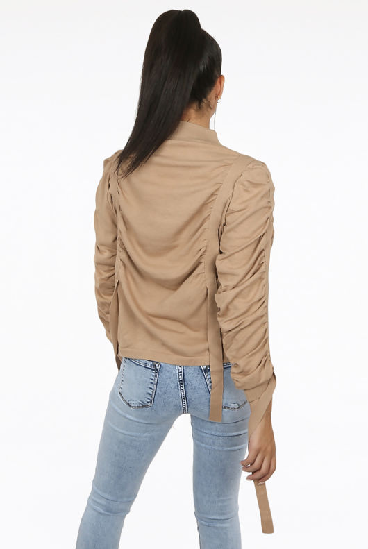 Straps Trim Mock Neck Jumper in Beige