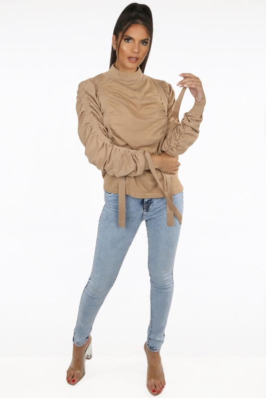 Straps Trim Mock Neck Jumper in Beige