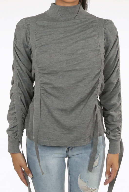 Straps Trim Mock Neck Jumper in Grey