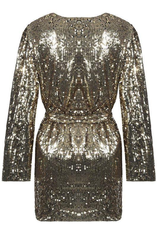Long Sleeve Sequin Wrap Front Mini Dress in Gold