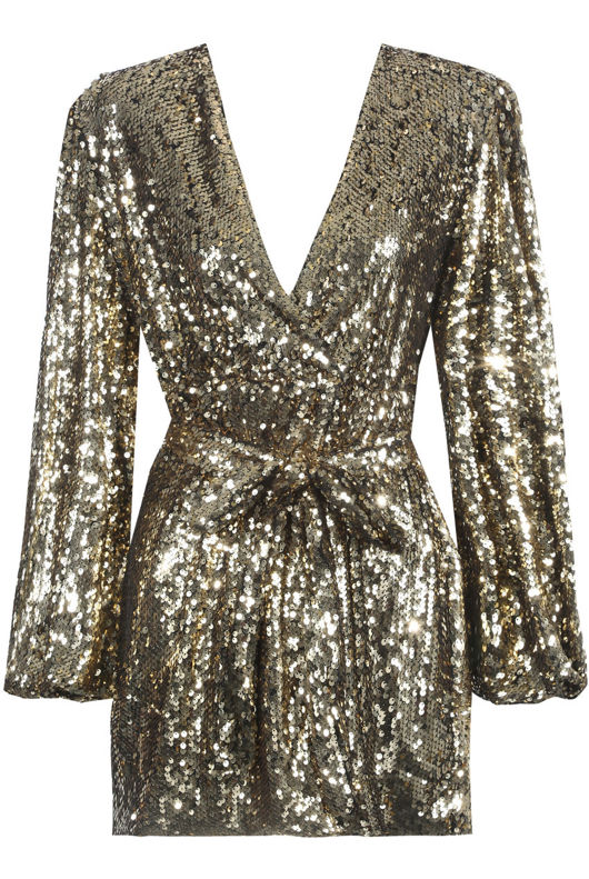 Long Sleeve Sequin Wrap Front Mini Dress in Gold