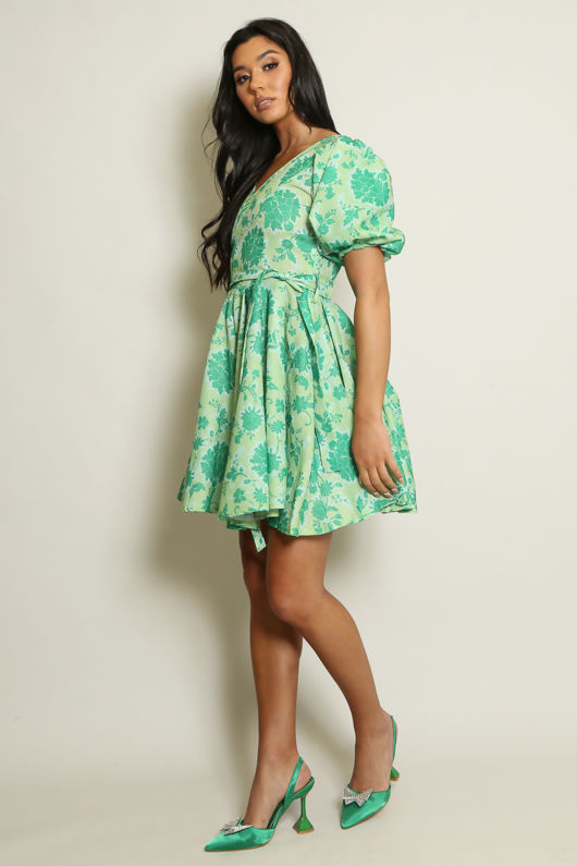 Green Floral V Neck Belted Flare Dress