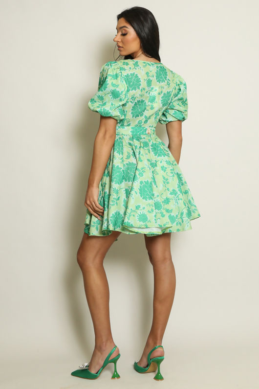 Green Floral V Neck Belted Flare Dress