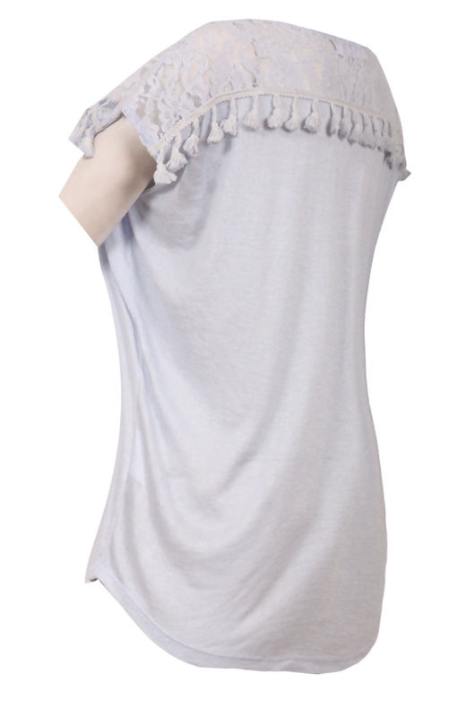 Light Blue Floral Lace Fringed Short Sleeve Tops