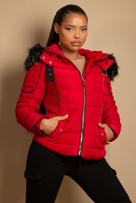 Red Faur Fur Hood Puffer Jacket