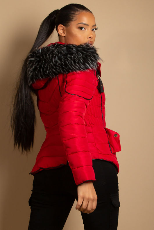 Red Faur Fur Hood Puffer Jacket