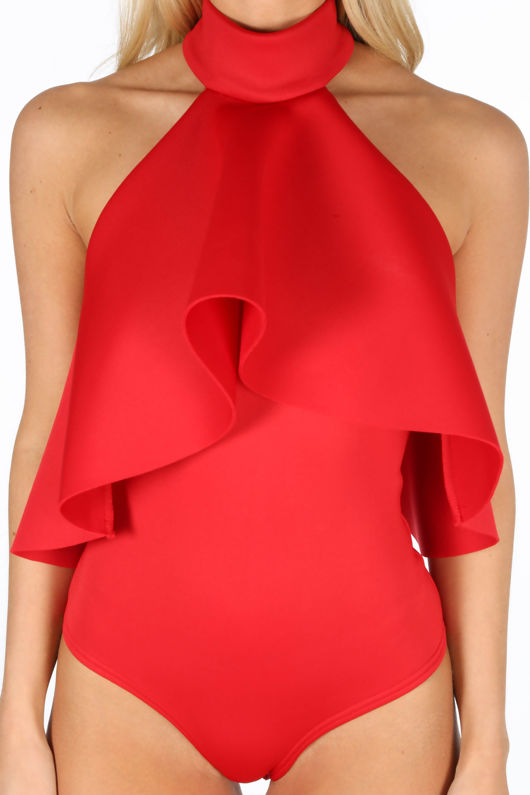 Red Neoprene Frill Halter Neck Bodysuit