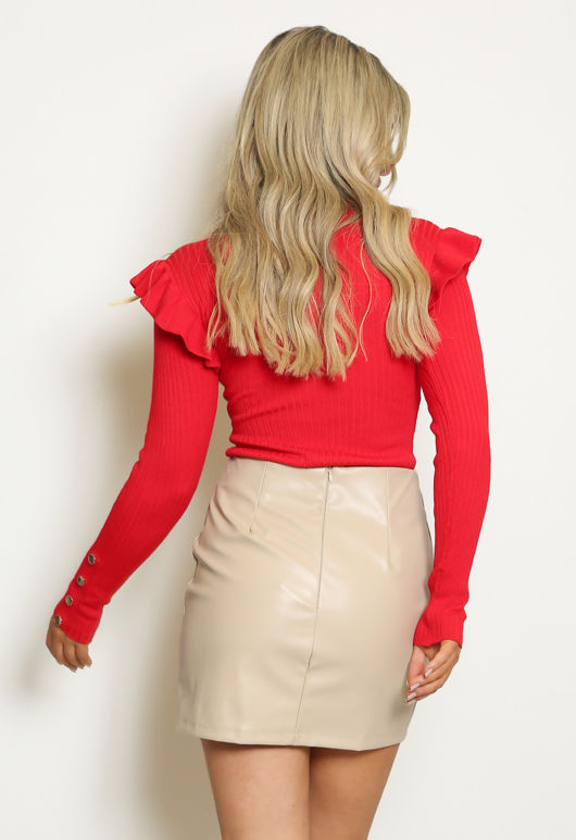 Red Button Trim Frill Sleeve Ribbed Jumper