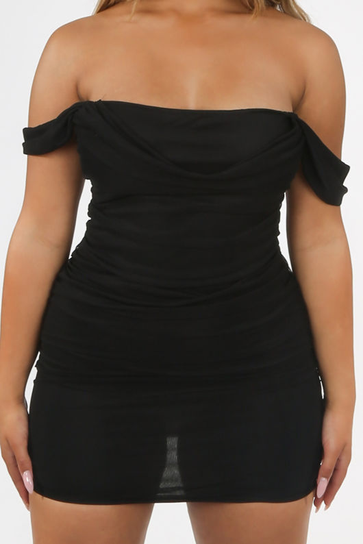 Black Ruched Bardot Mini Dress 
