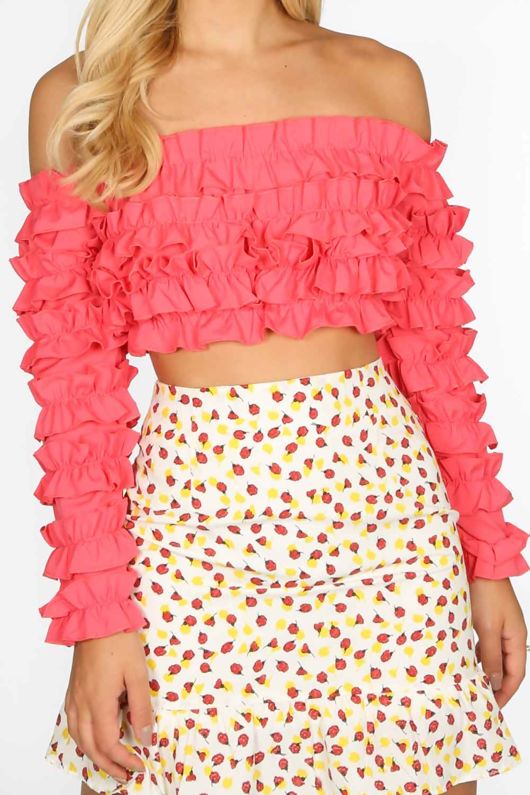 Fuchsia Ruffle Long Sleeve Crop Top