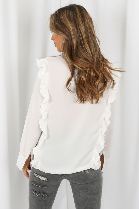 White Front Button Up Frilled Shirt Top