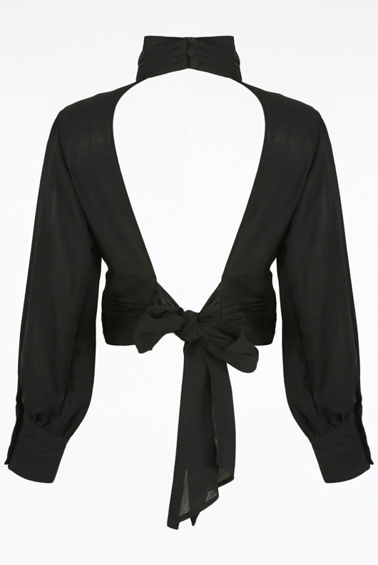 Black Pleated Neck Cut Out Back Blouse