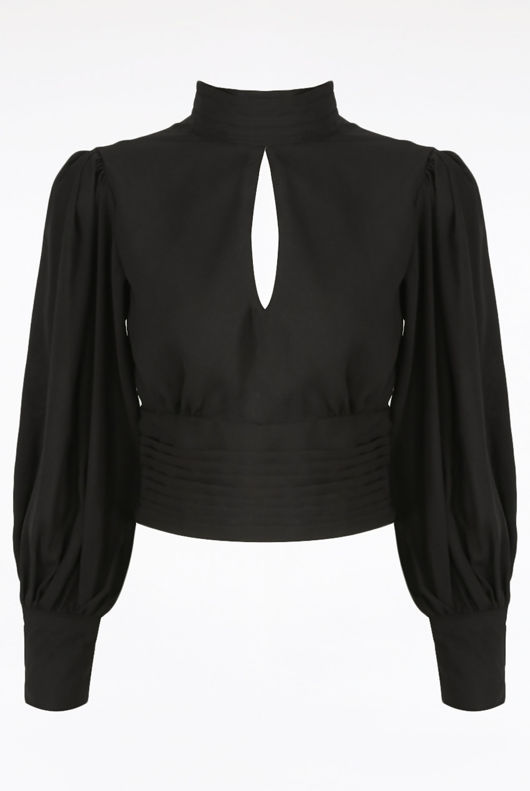 Black Pleated Neck Cut Out Back Blouse