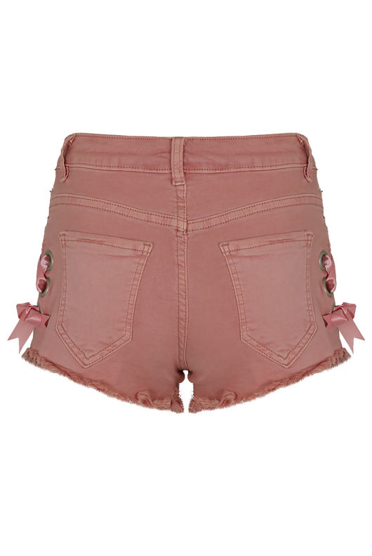 Rose Denim Frayed Lace Trim Shorts 