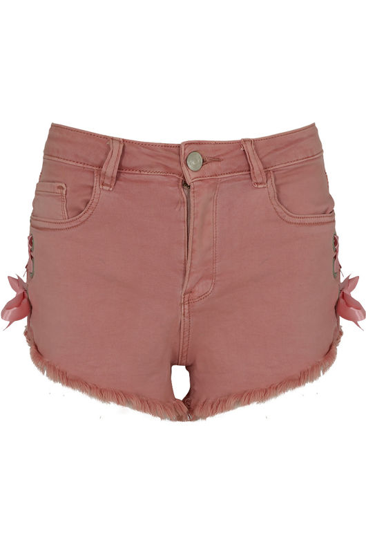 Rose Denim Frayed Lace Trim Shorts 