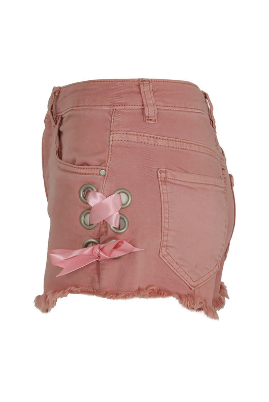 Rose Denim Frayed Lace Trim Shorts 