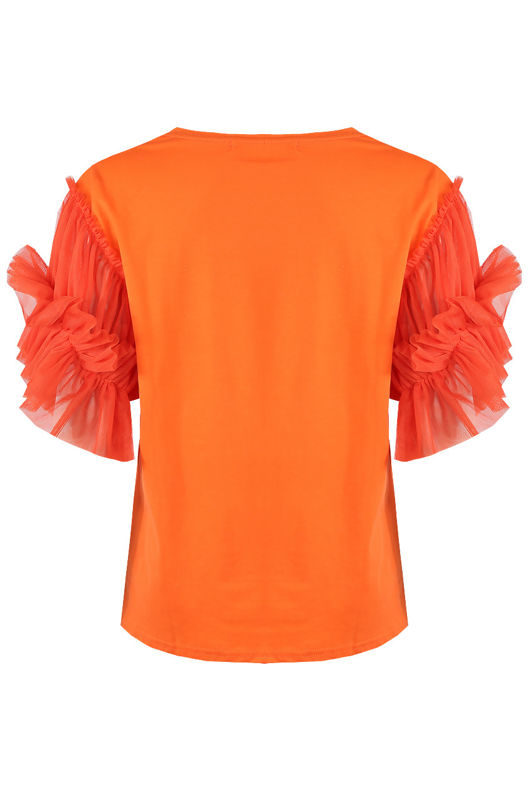 Orange Pleated Mesh Sleeve Round Neck Blouse