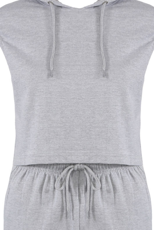 Grey 2Pc Sleeveless Pull String Hoodie & Tie Waist Trouser Set