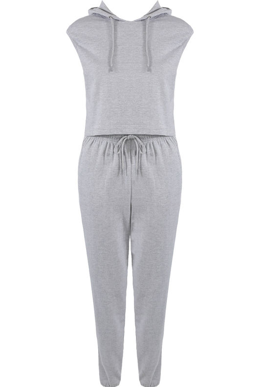Grey 2Pc Sleeveless Pull String Hoodie & Tie Waist Trouser Set