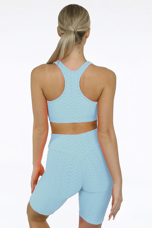 Sky Blue Textured Muscle Back Crop Top & Ruched Back Cycling Shorts