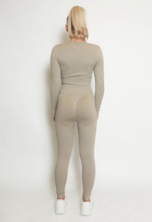 Taupe Ribbed Low Neck Top & Leggings Co-Ord 