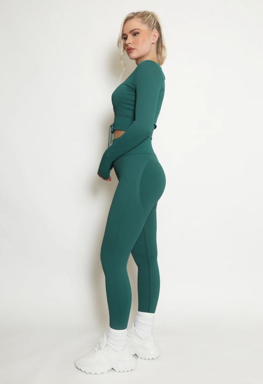Green Ribbed Low Neck Top & Leggings Co-Ord 