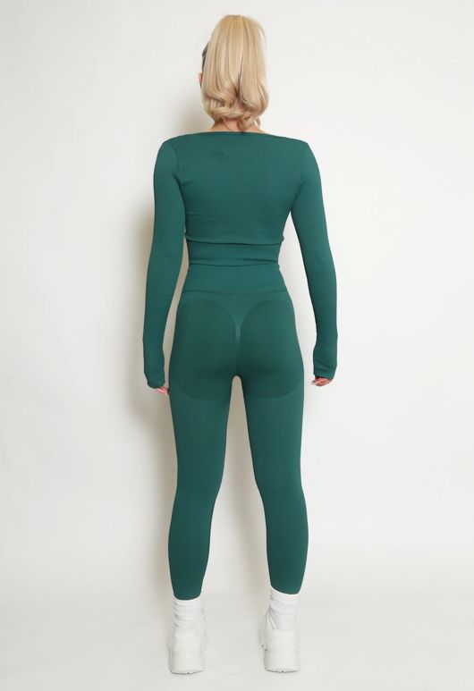 Green Ribbed Low Neck Top & Leggings Co-Ord 