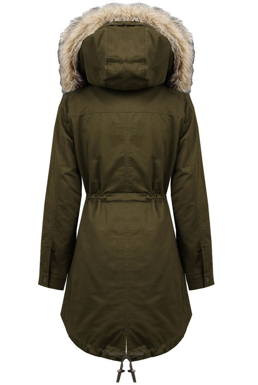 Khaki Fur Hooded Parka With Faux Sheep Skin Lining