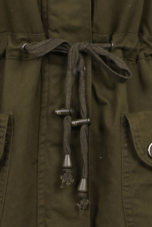 Khaki Fur Hooded Parka With Faux Sheep Skin Lining
