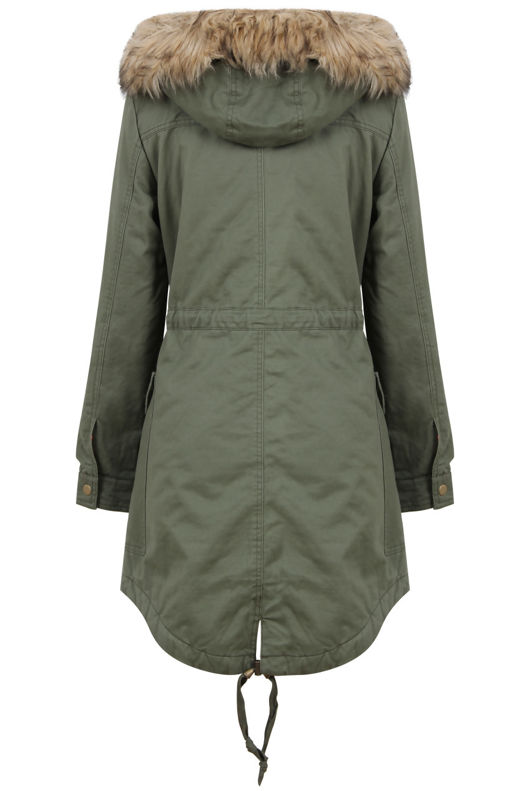 Khaki High Low Fur Hood Parka